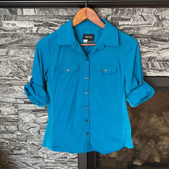 Marmot Long Sleeve Button Down Shirt Small Zippered Side Pocket, Blue - Picture 3 of 11